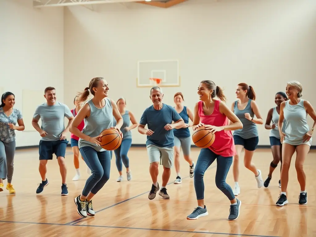 Adults playing a recreational basketball game at an OULLINS SAINTE FOY BASKET facility, showcasing the fun and social aspects of the program.