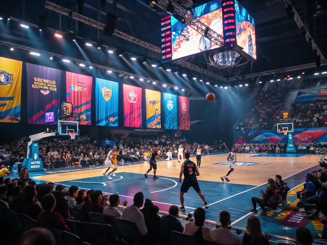 A dynamic shot of players participating in a competitive basketball tournament organized by OULLINS SAINTE FOY BASKET, highlighting the intensity and skill involved.