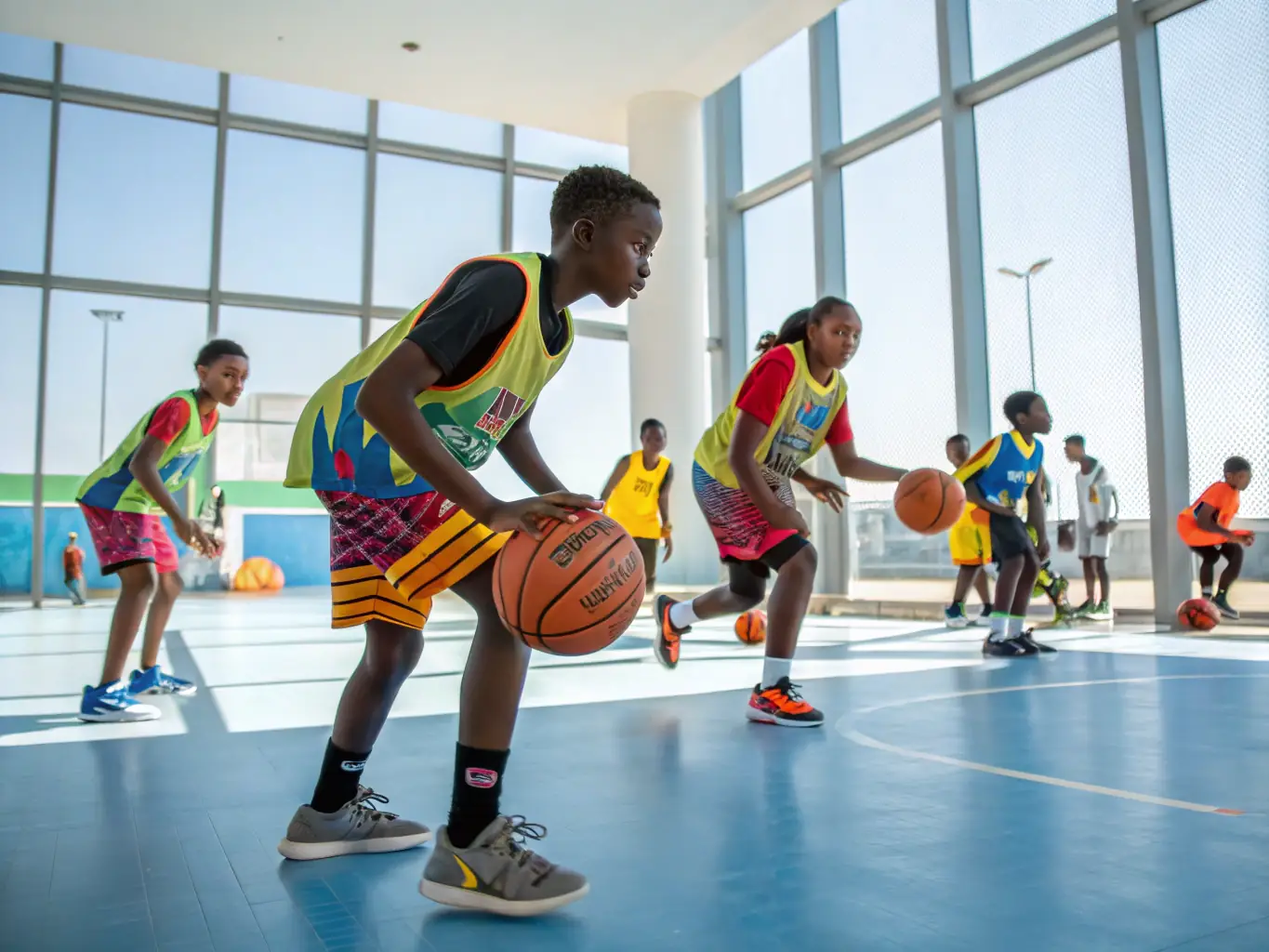 A group of young basketball players in OULLINS SAINTE FOY BASKET uniforms practicing drills on an indoor court, focusing on teamwork and skill development.